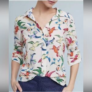 Maeve by Anthropologie Multicolor Bird Print Silk Shirt Blouse Small Boho